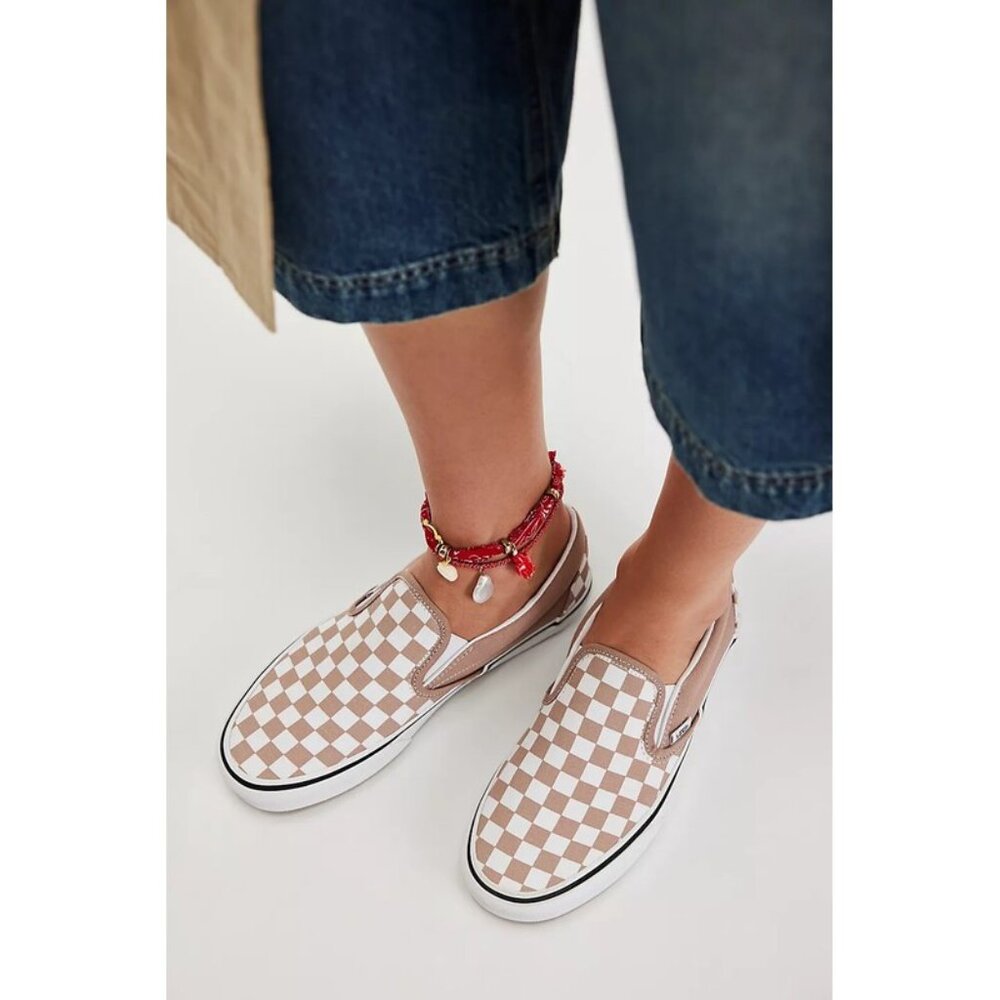 VANS Classic Checkerboard Slip-Ons, Taupe/White, Unisex, Excellent Condition